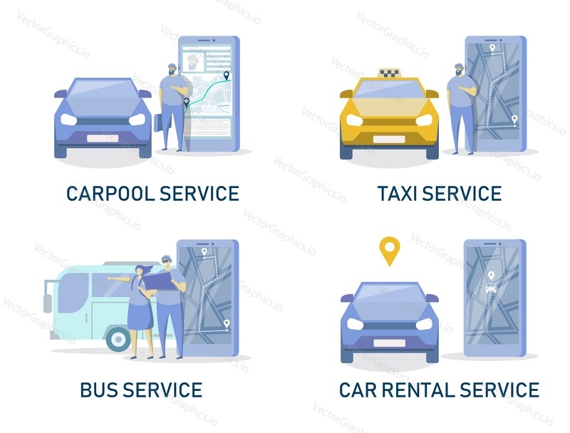 Car rental, carpool, taxi and bus services, vector flat illustration isolated on white background. Online car and public vehicles, mobile city transportation, bus tour tickets online etc.