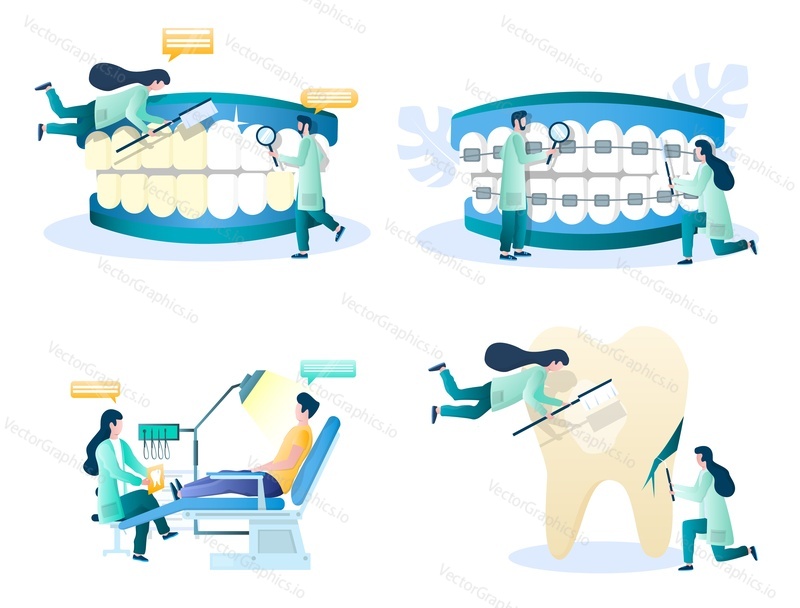 Dentist services vector concept illustration set isolated on white background. Stomatology, dentistry, orthodontics treatment, professional teeth whitening.