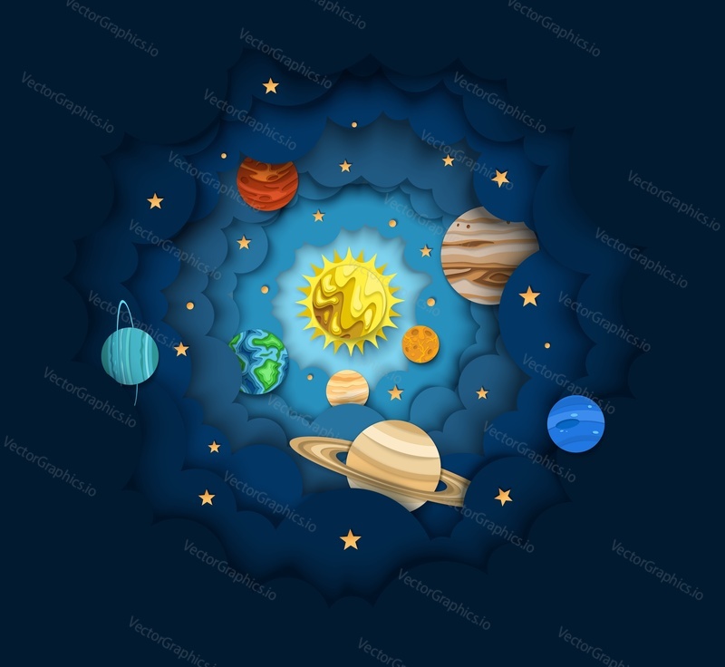 Solar system, vector layered paper cut style illustration. The sun and planets orbiting it. Astronomy science, outer space composition for web banner, website page etc.