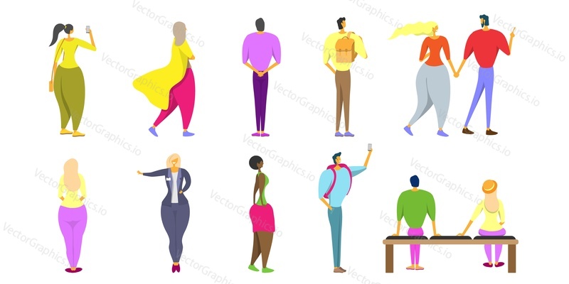 Museum and gallery visitors, guide cartoon characters. Vector flat style design illustration isolated on white background. Group of people attending museum or art gallery exhibitions.