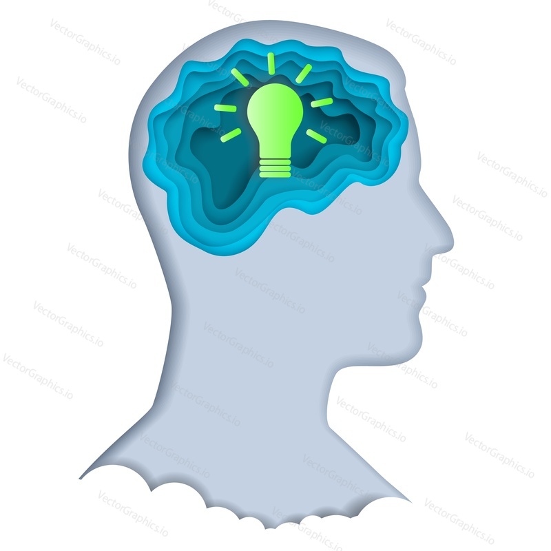 Human head silhouette with lightbulb, vector illustration in paper art style. New creative idea, brainstorm, creative mind concept for poster, banner website page etc.