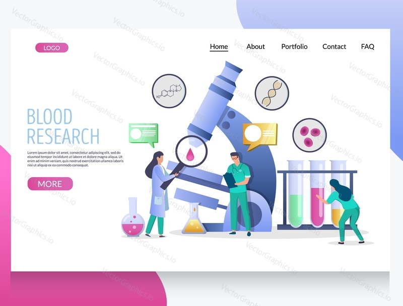 Blood research vector website template, web page and landing page design for website and mobile site development. Lab blood test, medicine and healthcare.