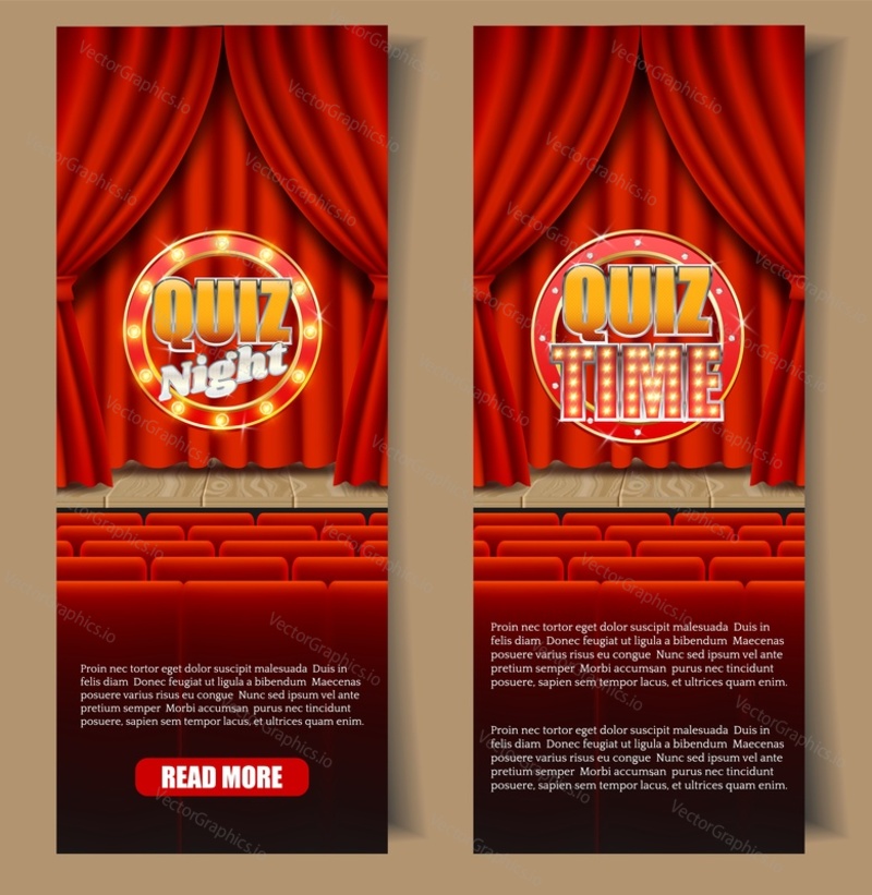 Quiz game vertical vector web banner template set. Quiz night and Quiz time signs with lights on realistic red velvet curtains, wooden theater stage, seats for audience, copy space.