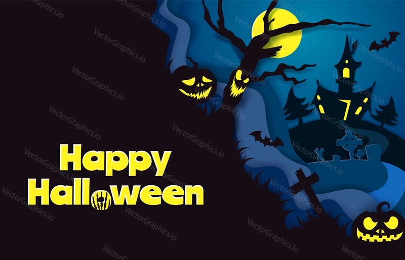 Happy Halloween poster template, vector illustration in paper art style. Halloween traditional symbols full moon, scary pumpkin, haunted house, flying bats, cemetery with graves, dead tree.