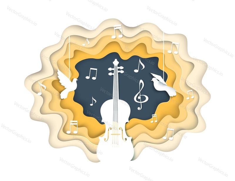 Music concept vector illustration in paper art modern craft style. Paper cut violin musical instrument, music notes, treble clef and doves composition for poster, web banner, website page etc.