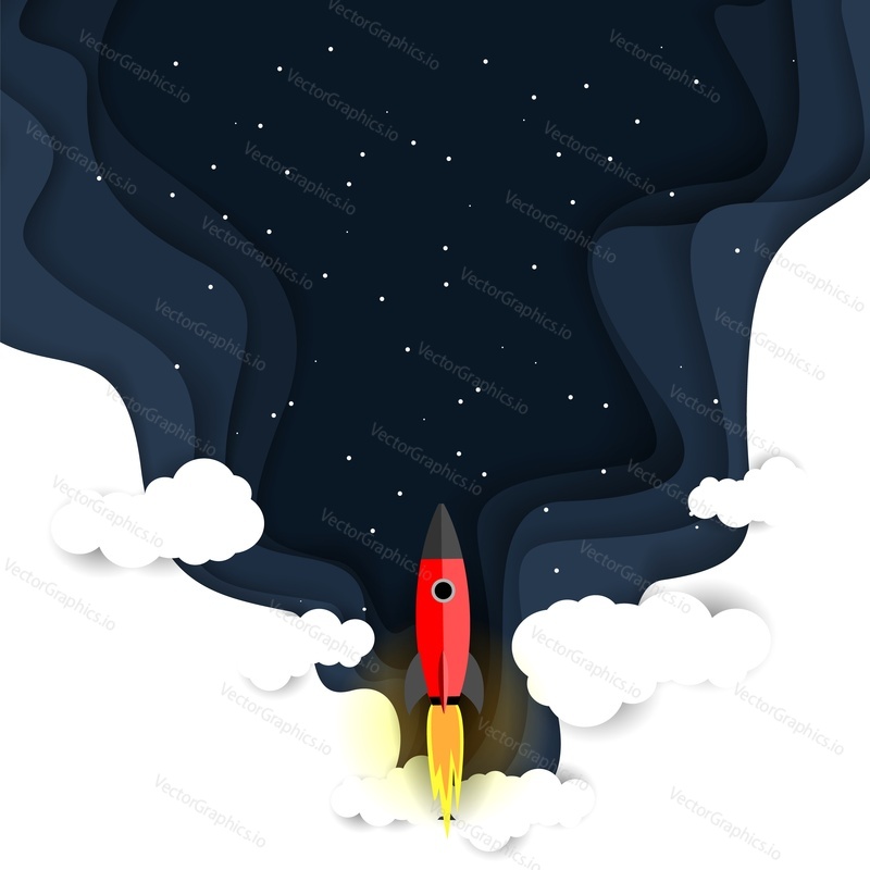 Spaceship launch, vector illustration in paper art style. Paper cut flying red rocket, night sky with stars, fluffy clouds. Space travel, exploration, outer space flight, business project start up.
