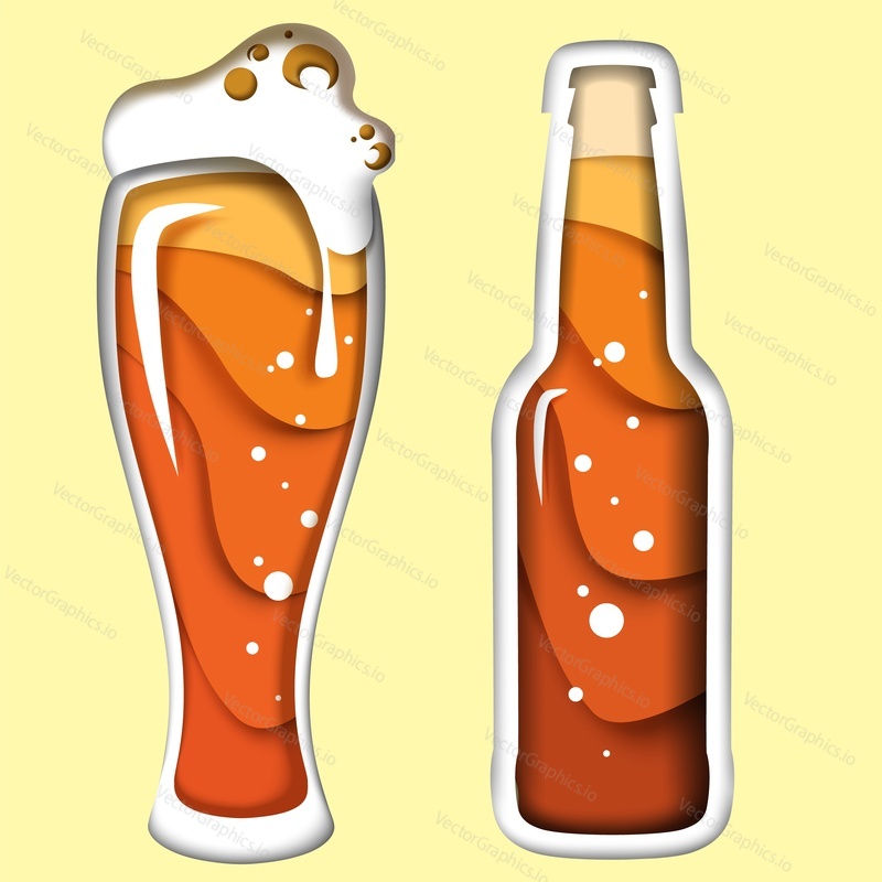 Beer bottle and mug with foam, vector illustration in paper art modern craft style. Creative beer composition for brewery, beer festival, menu, poster, banner etc
