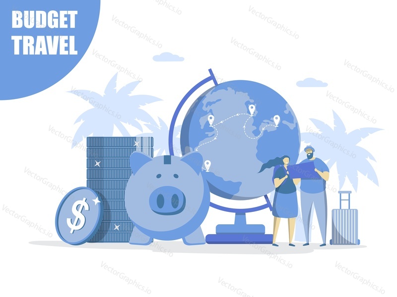 Vector flat illustration of globe, couple looking at map, piggy bank, dollar coins. Budget travel, economical route, summer vacation fund planning, travel savings composition for banner, poster etc.