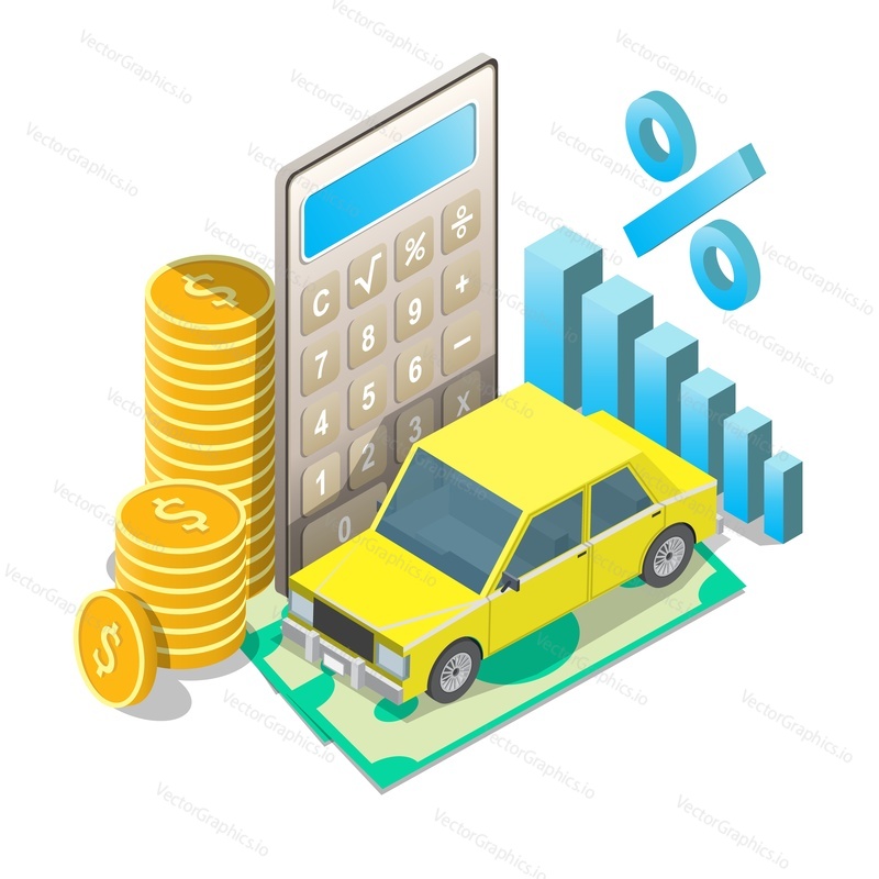 Vector isometric yellow car model on dollar banknotes, calculator, stack of coins, interest rate and percentage sign diagram. Car loan interest rates concept.