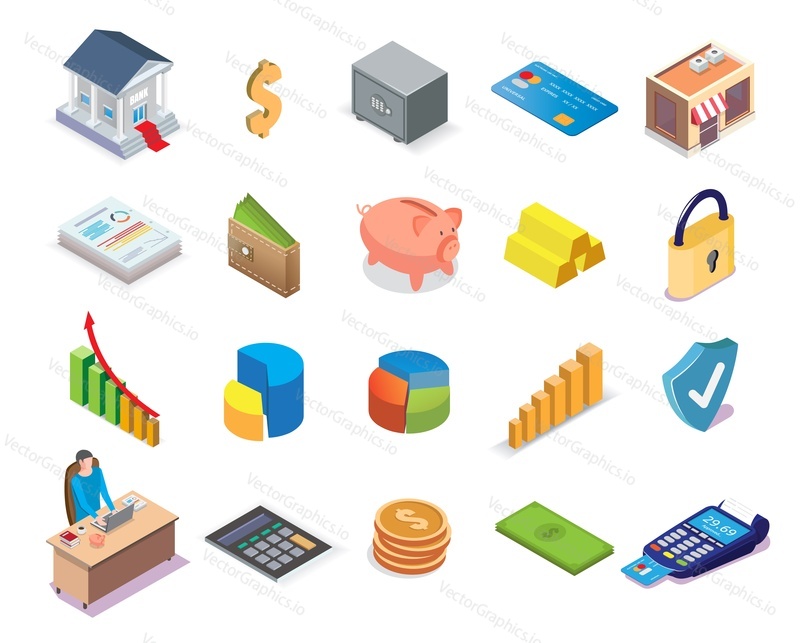 Banking and financial icon set, vector isometric illustration isolated on white background. Bank building, dollar sign, safe, credit card, piggy bank, pos terminal, shield lock calculator diagram etc.