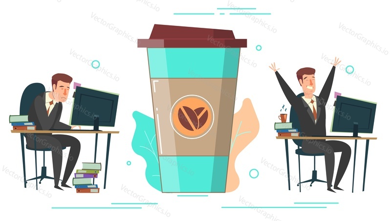 Huge coffee cup and tiny characters office people tired exhausted dreaming about coffee and active after drinking coffee, vector flat illustration. Coffee energy concept for web banner, website page.