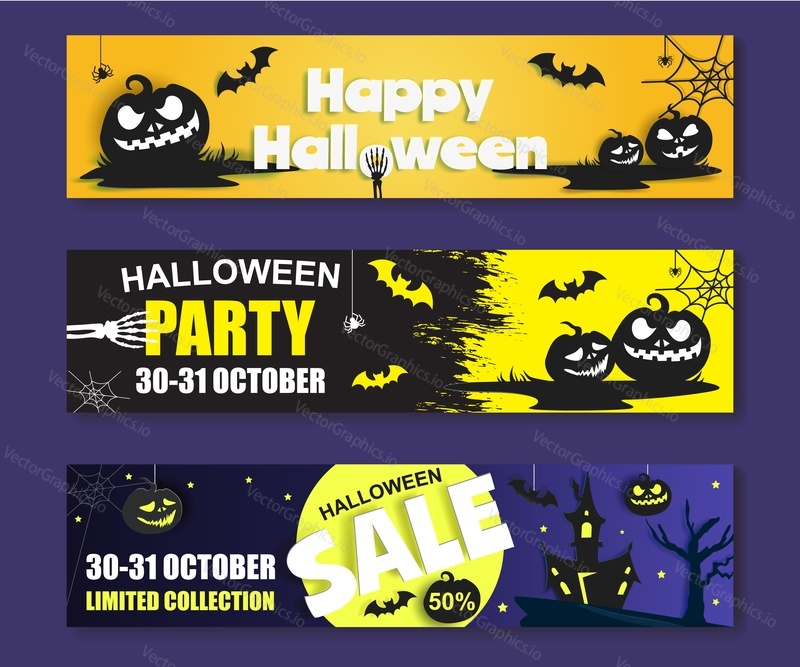 Halloween banner template set, vector illustration in paper art style. Happy Halloween party invitation, sale backgrounds with scary pumpkings, haunted house, bats, cemetery, spiders, dead tree cobweb