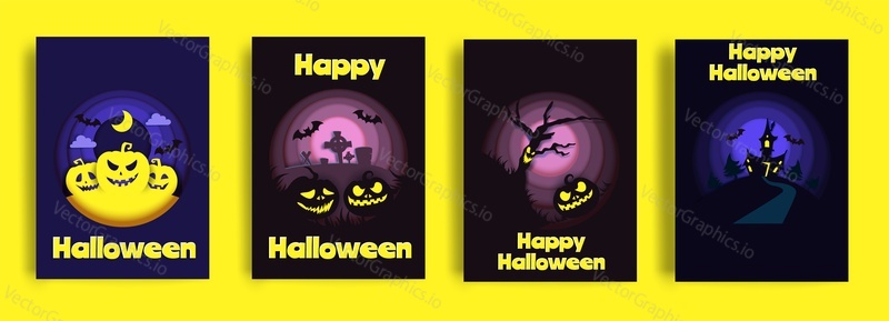 Happy Halloween party invitation greeting card set, vector illustration in paper art style. Paper cut traditional Halloween symbols scary pumpkin, haunted house, flying bats, cemetery, dead tree.