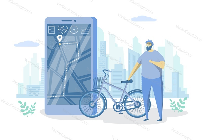 Vector flat illustration of big smartphone with fitness activity tracking app and tiny character cyclist with bicycle. Fitness tracker, smart sports technology concept for web banner, website page.