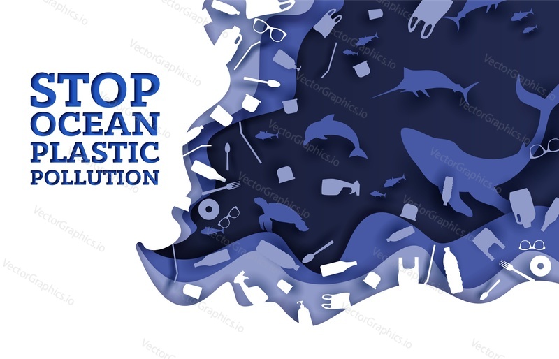 Stop ocean plastic pollution, vector illustration in paper art modern craft style. Paper cut underwater world with animals and plastic trash. Save ocean, ecology problem concept for website page etc.