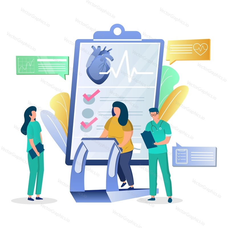 Woman patient walking on cardio control treadmill in clinic, vector illustration. Heart rate control concept for web banner, website page etc.