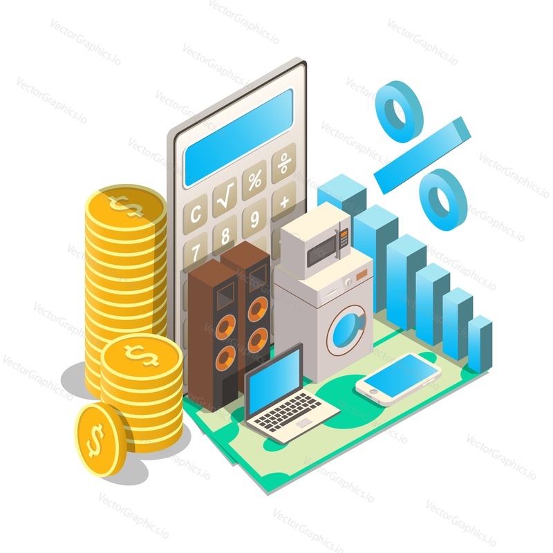 Vector isometric dollar banknotes, calculator, stack of coins, interest rate and percentage sign diagram, home appliances, laptop computer, mobile phone. Consumer loan interest rates concept.