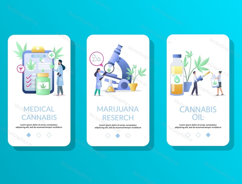 Medical cannabis, Marijuana research, Cannabis oil mobile app onboarding screens. Menu banner vector template for website and application development. Medical and recreational marijuana concept.