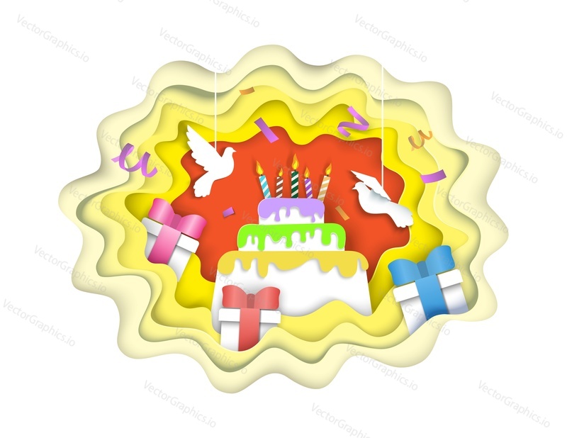 Happy birthday poster template, vector illustration in paper art style. Paper cut birthday cake with candles, balloons, gift boxes and doves.