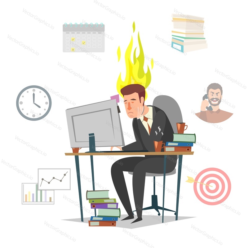 Tired office worker with fire over his heads, sitting at table, vector flat isolated illustration. Emotional burnout, hard work fatigue, stress and frustration at workplace concept.