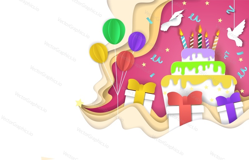 Birthday cake with candles, balloons, gift boxes and doves, vector illustration in paper art modern craft style. Happy birthday background for greeting card, invitation, poster, banner etc.
