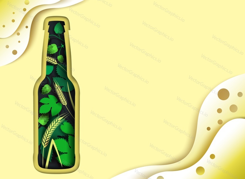 Beer poster design template, vector illustration in paper art modern craft style. Creative beer composition with bottle and hop branches, ears of wheat inside of it, copy space.