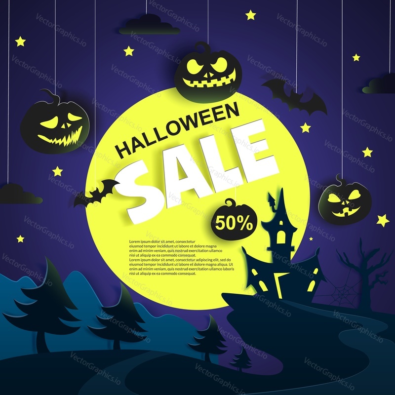 Halloween sale promotional poster with pumpkins, haunted house, bats, night background with full moon, copy space, vector illustration in paper art style. Special offer, discounts promo.