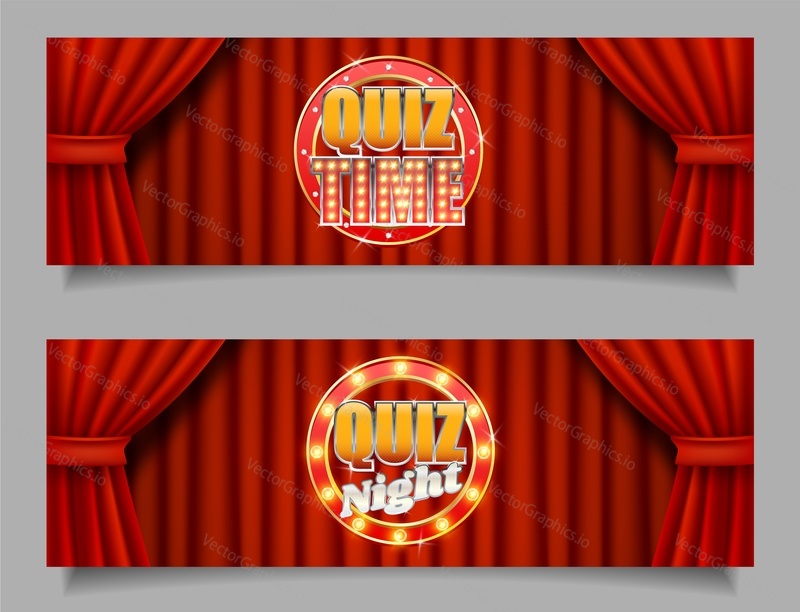 Quiz game vector horizontal banner template set. Theatrical stage with red velvet curtains, glowing Quiz time and Quiz night signs.