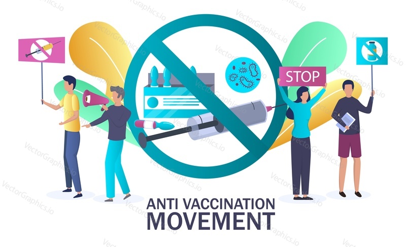 Движение против вакцинации, векторная иллюстрация. Люди протестуют против вакцины. Концепция кампании против вакса, иммунизации для плаката, веб-баннера, страницы веб-сайта и т.д.