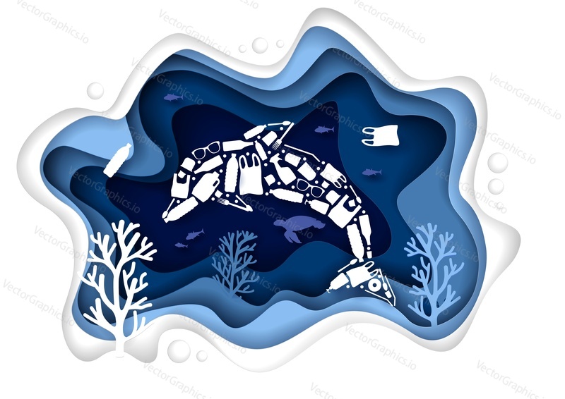 Stop ocean plastic pollution, vector illustration in paper art style. Underwater sea with plastic trash shaped dolphin, marine animals, coral reefs. Ocean environmental problem concept.