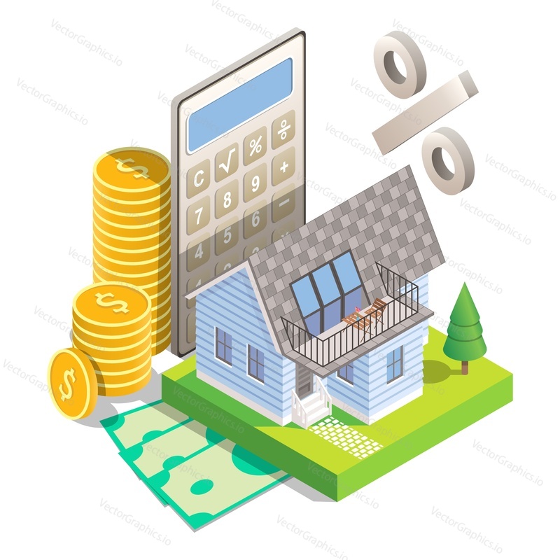 Vector isometric house building standing on dollar banknotes, calculator, stack of coins, percentage sign. Mortgage interest rates concept.