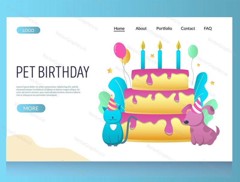 Pet birthday vector website template, web page and landing page design for website and mobile site development. Cat and dog sitting next to huge birthday cake with candles. Pet party concept.