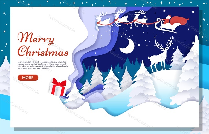 Merry Christmas vector website template, web page and landing page design for website and mobile site development. Paper cut Santa riding sleigh with reindeer, winter night landscape.