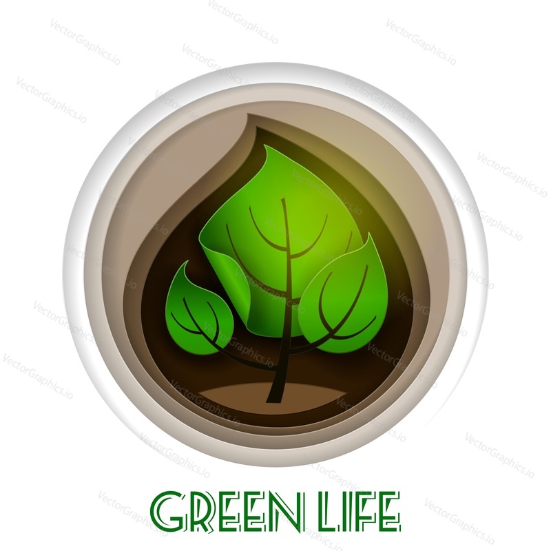 Green leaves, eco friendly composition, vector illustration in paper art modern craft style. Green life concept for poster, banner, website page etc.