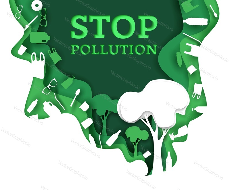 Stop pollution, vector illustration in paper art modern craft style. Save green forest from plastic trash, nature and environment conservation concept for poster, banner, website page etc.