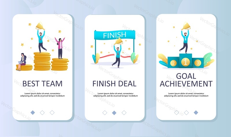 Best team, Finish deal, Goal achievement mobile app onboarding screens. Menu banner vector template for website and application development. Happy business team celebrating victory, leadership success