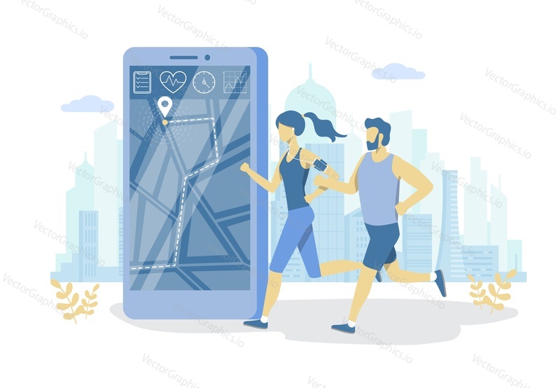 Vector flat illustration of big smartphone with fitness activity tracking app and tiny characters young couple jogging. Fitness tracker and running mobile phone application concept for web banner etc.