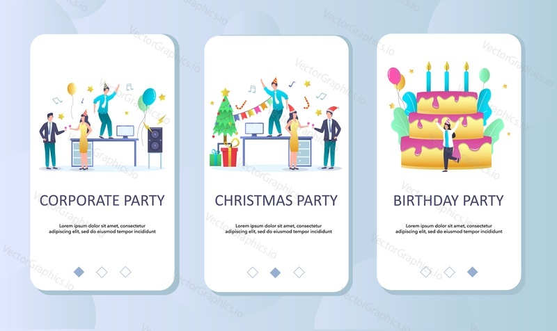 Corporate Christmas Birthday party celebration mobile app onboarding screens. Menu banner vector template for website and application development. Celebrate events concept.