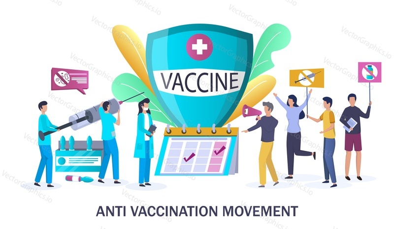 Anti-vaccine protest, vector illustration. Anti vax event, vaccine hesitancy and anti vaccination movement concept with people protesting against mandatory immunization and doctors with syringe.
