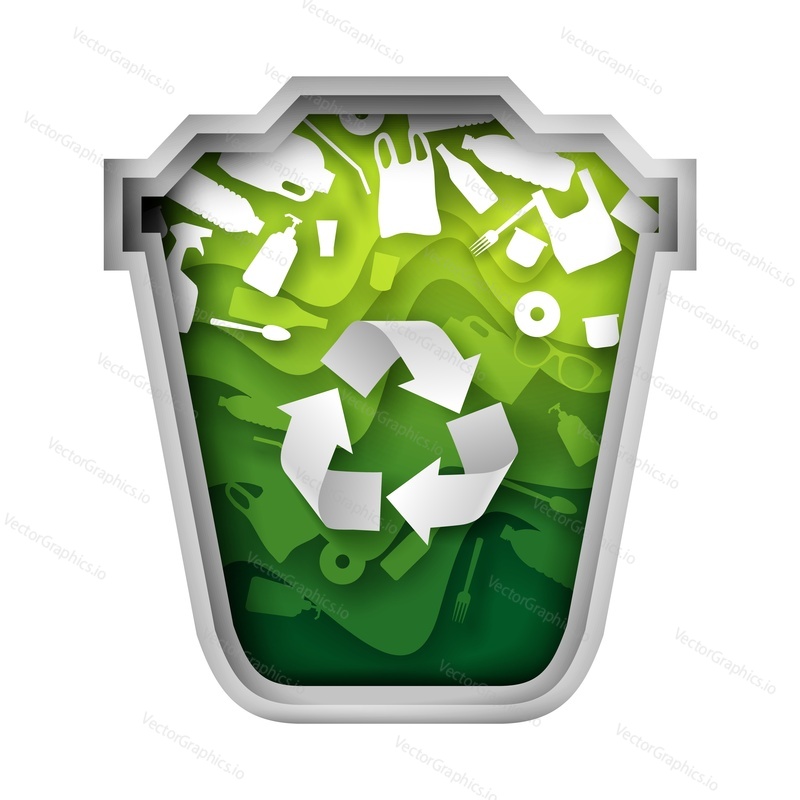 Green trash can with plastic garbage, vector illustration in paper art style. Waste sorting and recycle, ecology concept for web banner, website page etc.