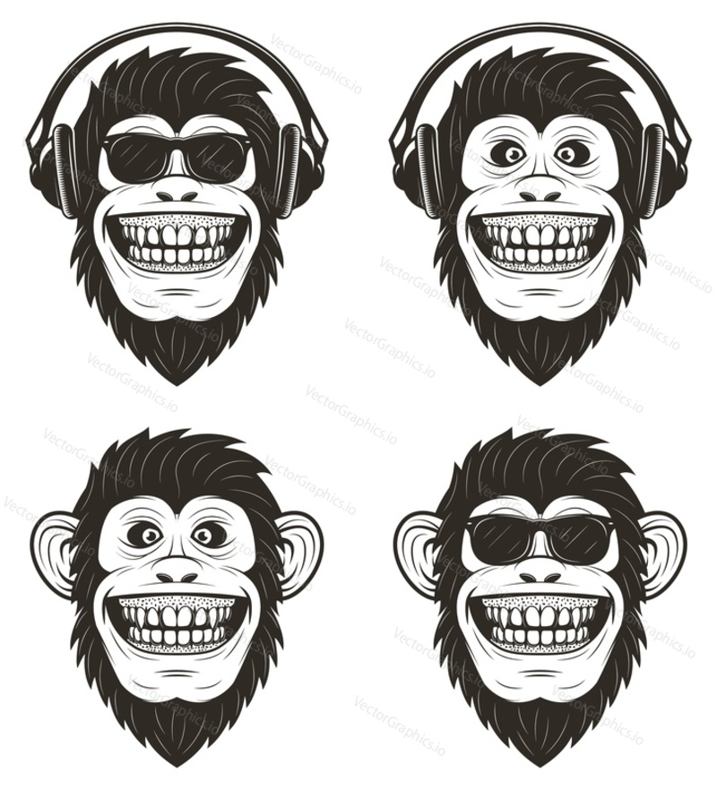 Funny music monkey set, vector hand drawn illustration isolated on white background. Smiling monkeys with headphones and sunglasses.