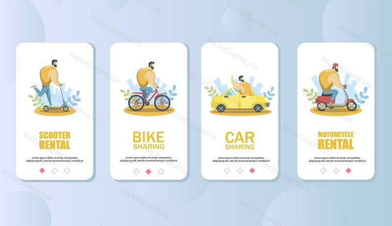 Scooter and motorcycle rental, bike and car sharing mobile app onboarding screens. Menu banner vector template for website and application development. Transport rental services.