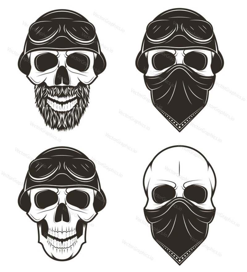 Motorcycle skull set, vector hand drawn illustration isolated on white background. Monochrome skull in helmet, goggles and cycling mask face scarf. Biker t-shirt graphics.