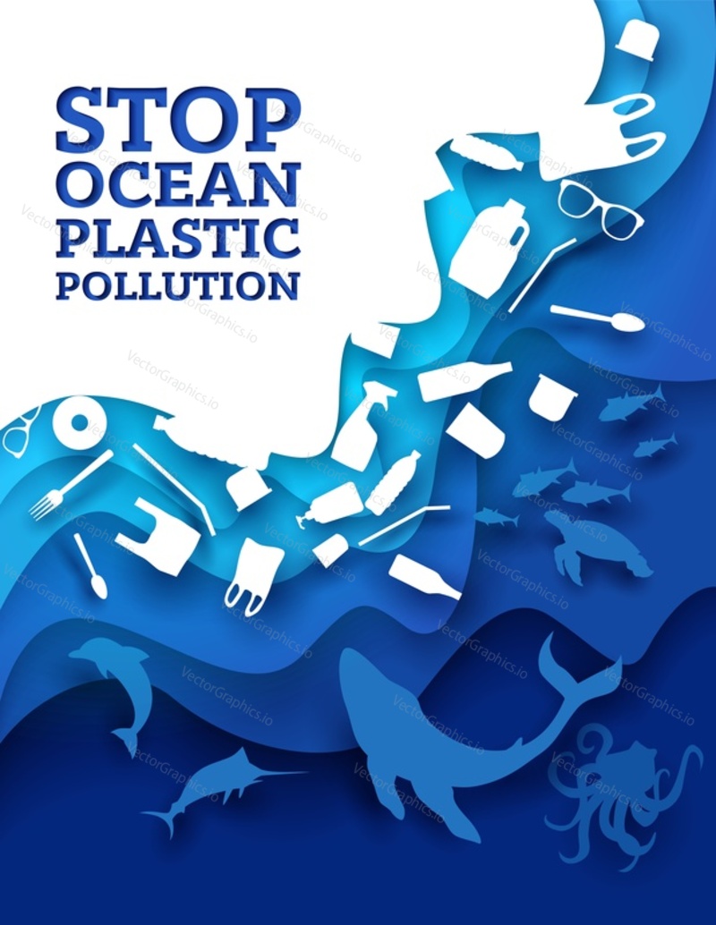 Stop ocean plastic pollution, vector illustration in paper art style. Marine animals and plastic trash. Ocean environmental problem, ecology poster design template.