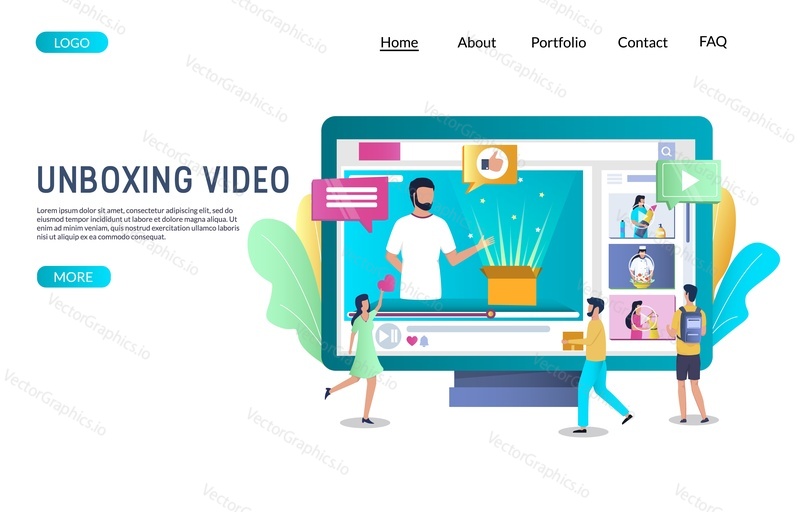 Unboxing video vector website template, web page and landing page design for website and mobile site development. Unboxing review, blogging.