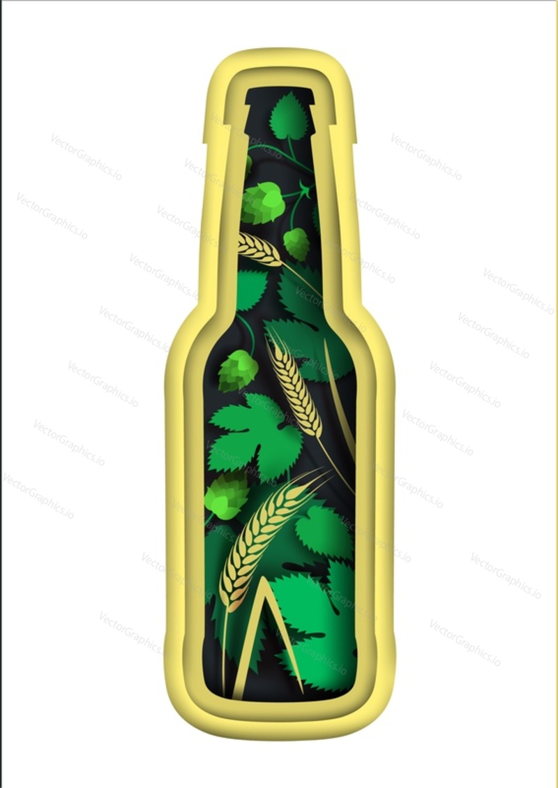 Beer bottle with hop branches and ears of wheat inside of it, vector illustration in paper art modern craft style. Creative beer composition for brewery, beer festival, menu, poster, banner etc.