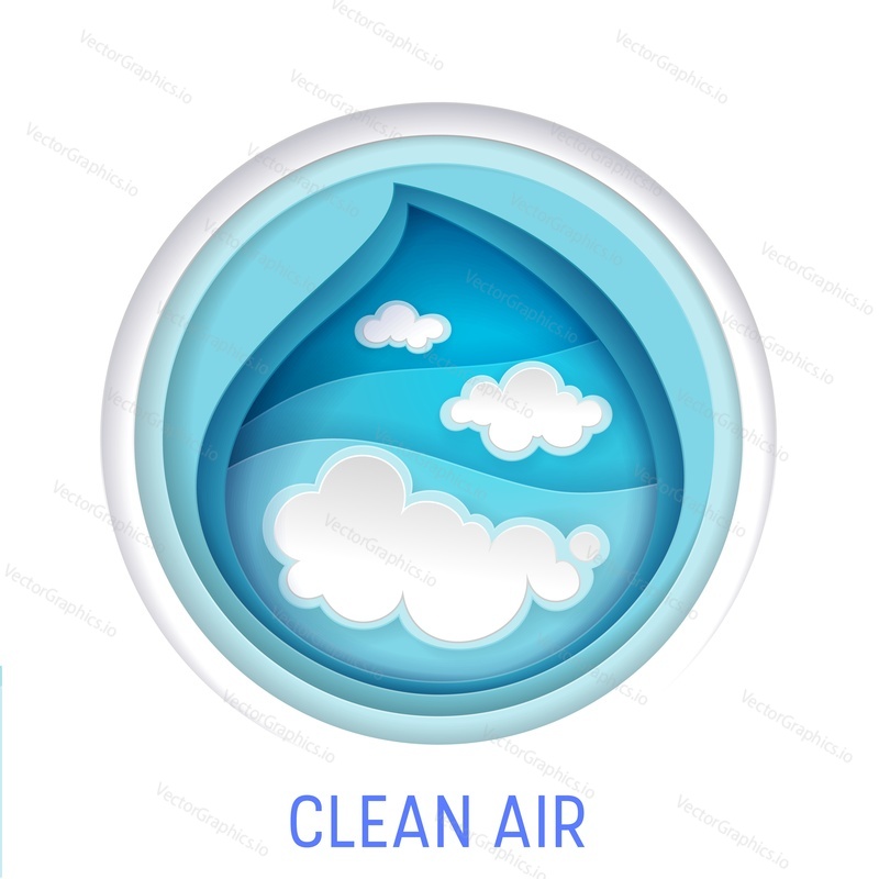 Clear air, vector concept illustration in paper art modern craft style. Paper cut blue sky with white clouds. Stop air pollution, environment conservation, ecology composition.