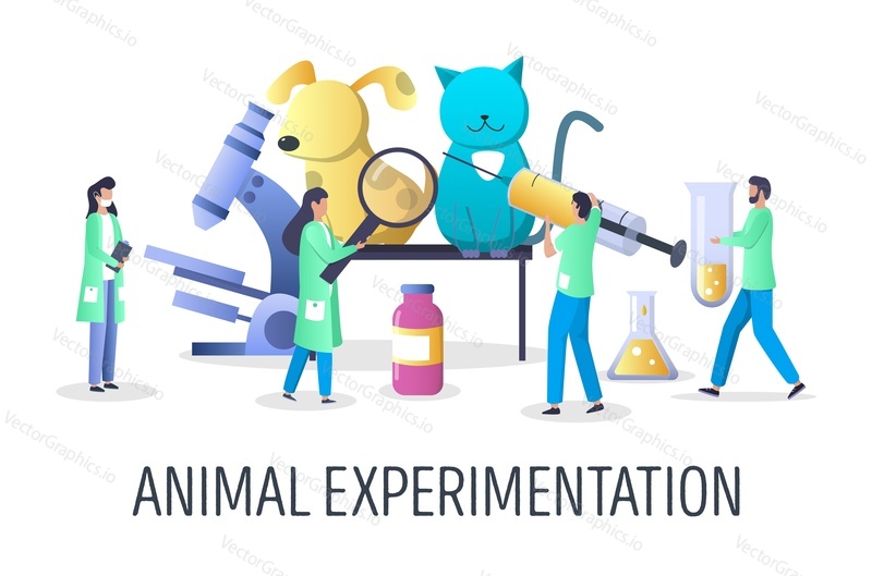 Animal testing or experimentation, vector illustration. Animal research or in vivo testing concept with characters for web banner, website page etc.