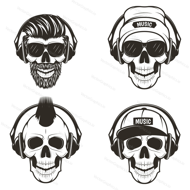 Music skull front view set, vector hand drawn illustration isolated on white background. Human skull with iroquois, beard, wearing hat and cap listening to music using headphones.