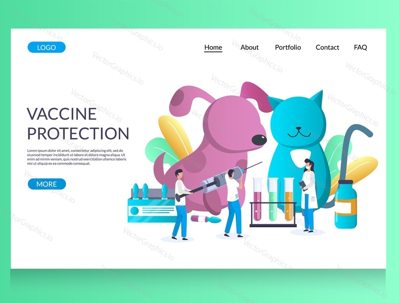 Vaccine protection vector website template, web page and landing page design for website and mobile site development. Pets vaccination concept.